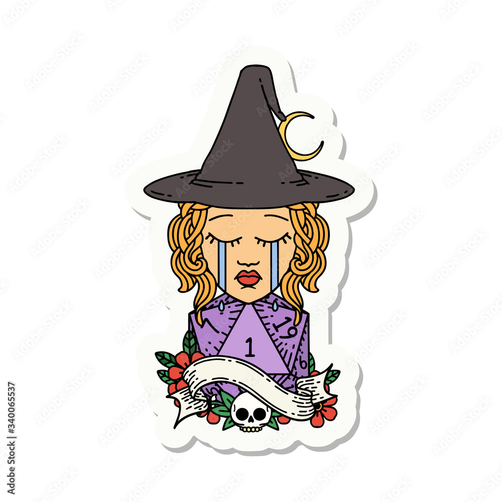 crying human witch with natural D20 roll sticker
