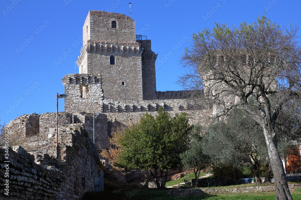 Assisi, Italy - 11/30/2019: Exterior and interior of the medieval major fortress 