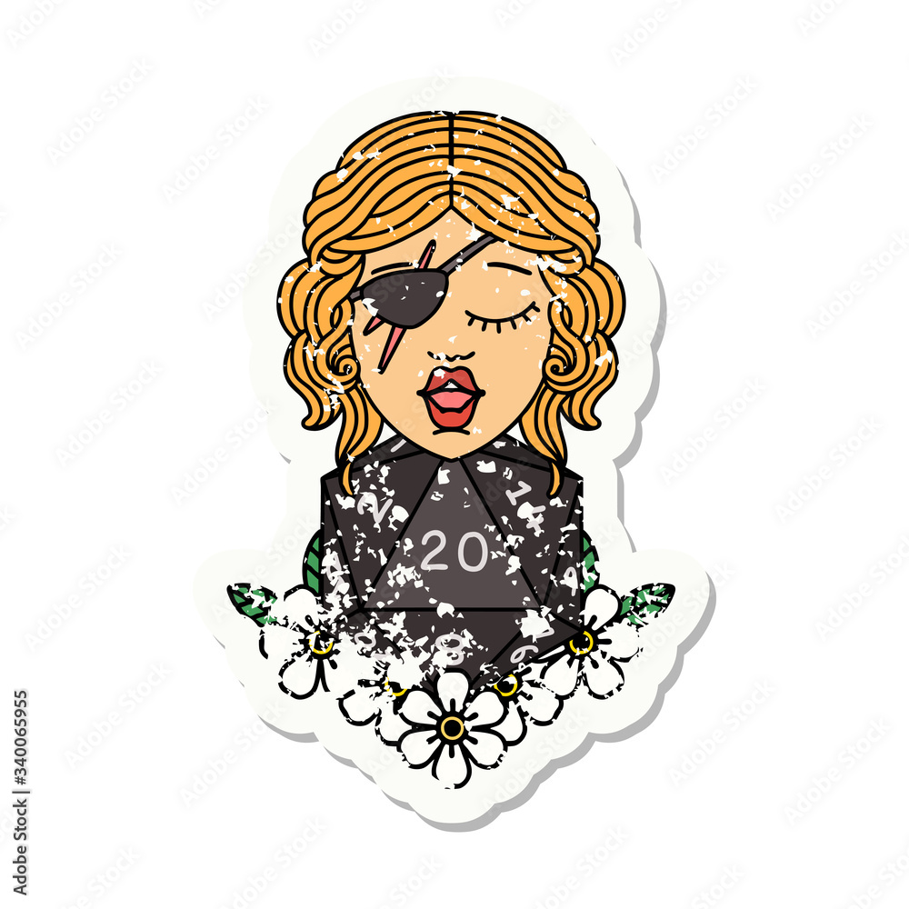 human rogue with natural twenty dice roll grunge sticker human rogue with natural twenty dice roll grunge sticker