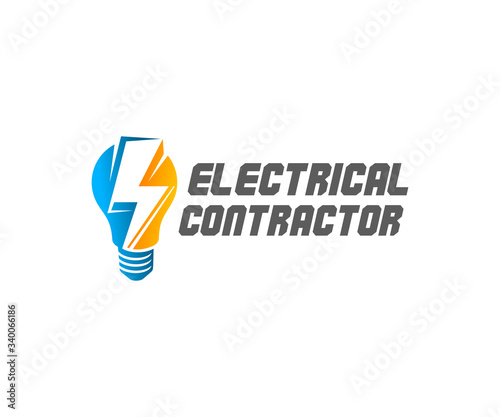 Electrical contractor, light bulb and lightning, logo design. Electric light, construction, electric current and electricity, vector design and illustration