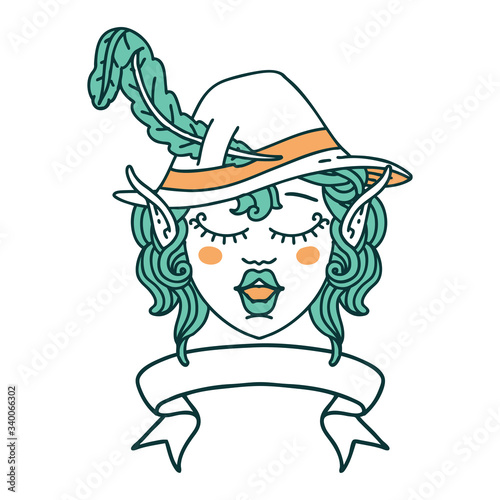 singing elf bard character face with banner illustration