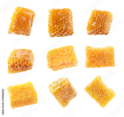 Set of fresh honeycomb pieces on white background