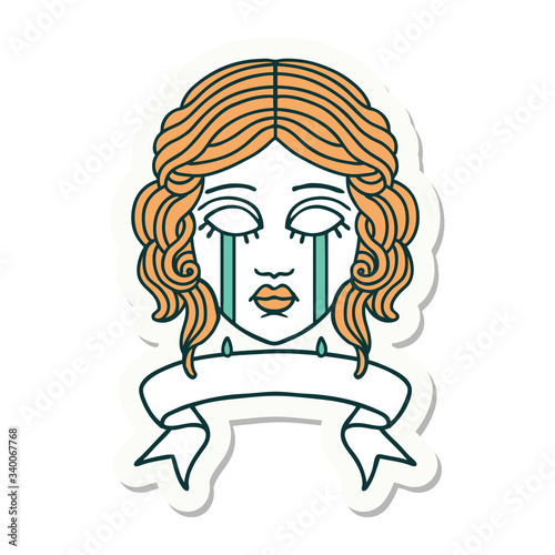 tattoo sticker with banner of female face crying