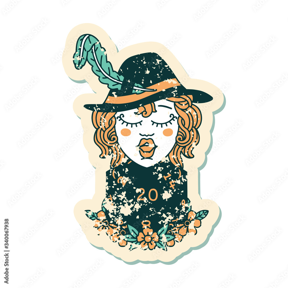 human bard with natural 20 dice roll grunge sticker