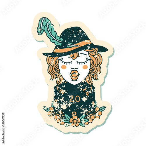 human bard with natural 20 dice roll grunge sticker