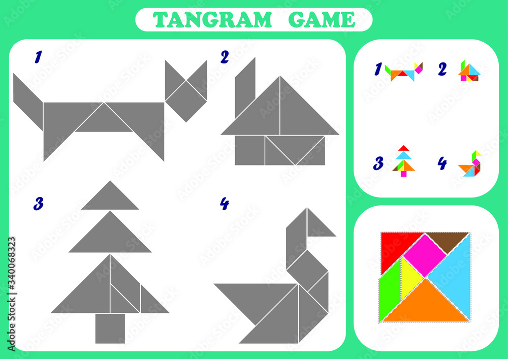 Fototapeta tangram gra dla dzieci, ikony wykonane z kształtami geometrii, chińskie geometryczne puzzle, wektor ilustracja kreskówka mieszkanie na białym tle