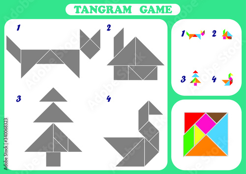 tangram game for kids, icons made with geometry shapes,  Chinese geometrical puzzle, Vector flat style cartoon illustration isolated on white background 