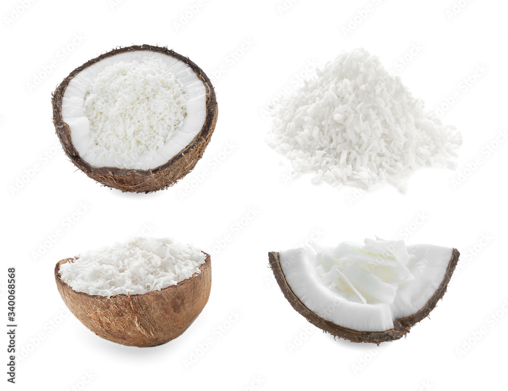 Set with fresh coconut flakes isolated on white Set with fresh coconut flakes isolated on white