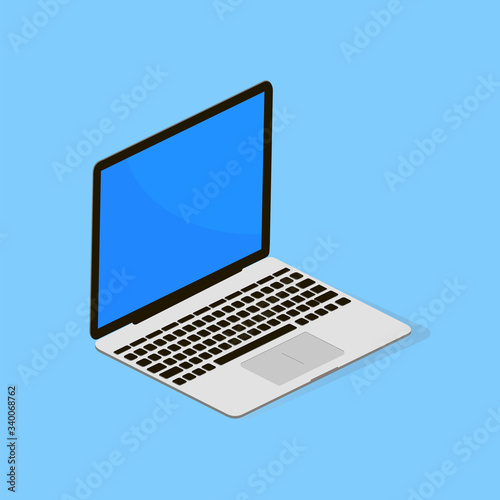 A laptop of a leading company deployed in half a turn on a blue background with a blue screen. Vector illustration. Stock drawing.