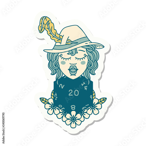 human bard with natural 20 dice roll sticker
