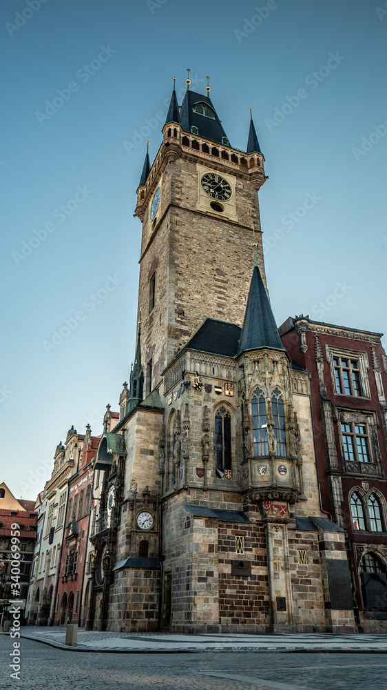 Old Town Square in Prague Czechia. Beautiful photo of city center of Prague old town and clock tower. No people.