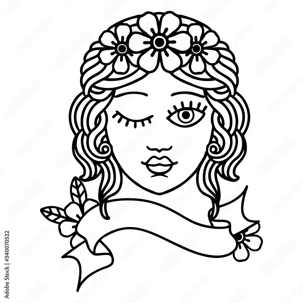 black linework tattoo with banner of a maidens face winking black linework tattoo with banner of a maidens face winking