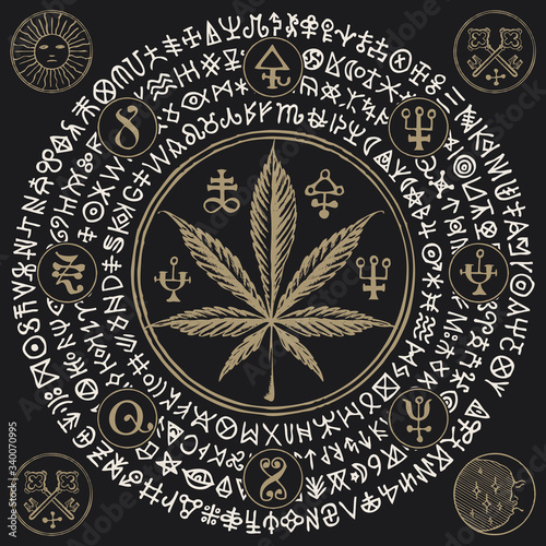 Vector banner for Legalize marijuana with cannabis leaf, esoteric signs and magic runes written in a circle on a black background. Natural product made from organic hemp. Smoking weed