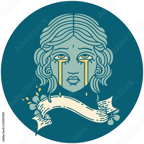 icon with banner of female face crying