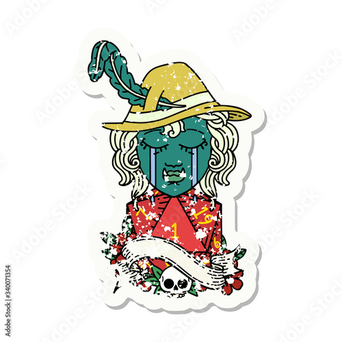 crying orc bard character with natural one D20 roll illustration