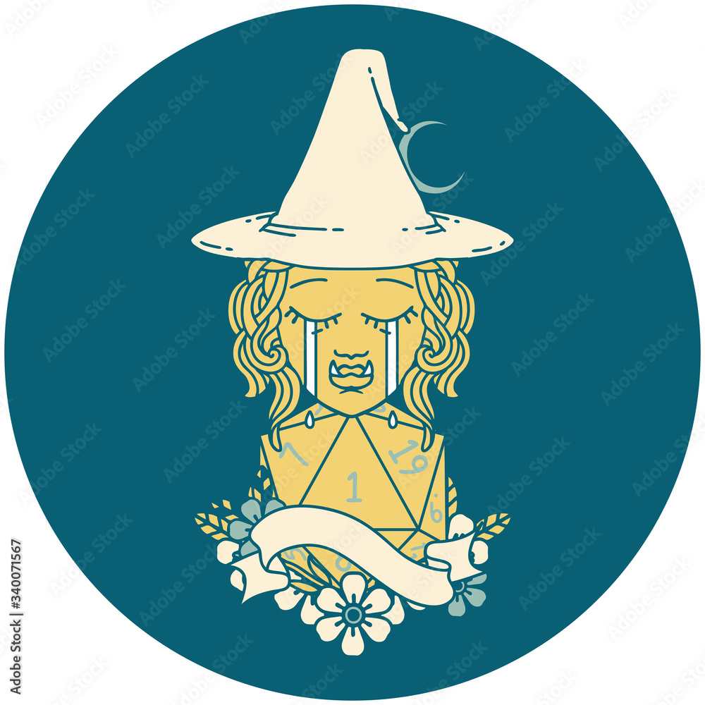 crying orc witch with natural one D20 roll illustration crying orc witch with natural one D20 roll illustration