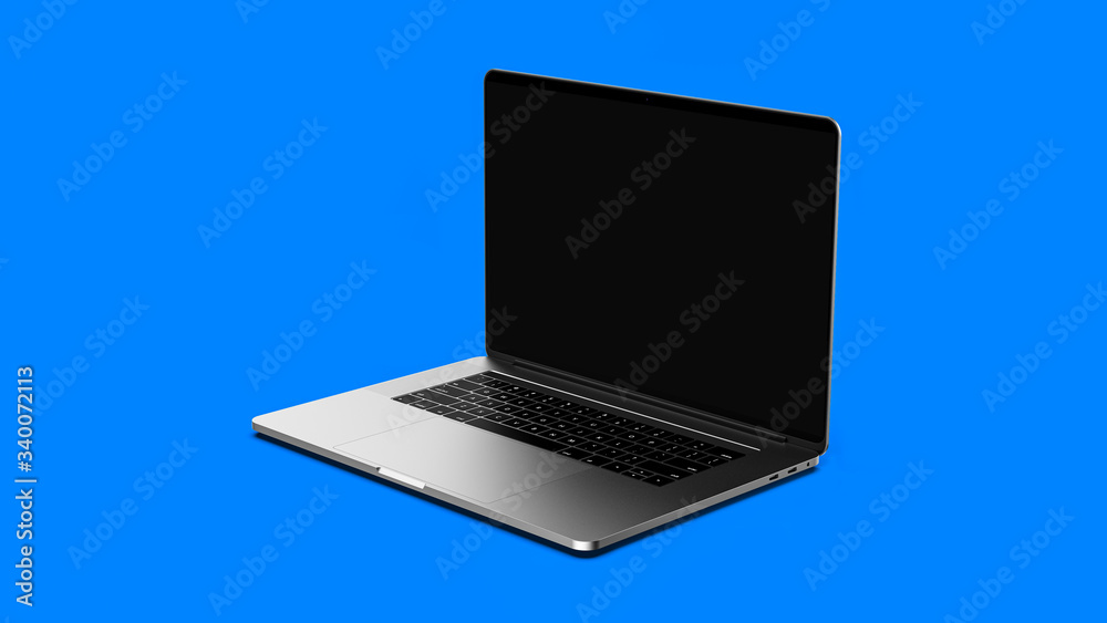 Laptop with blank screen isolated on blue background. Whole in focus. Template, mockup. Laptop with blank screen isolated on blue background. Whole in focus. Template, mockup.