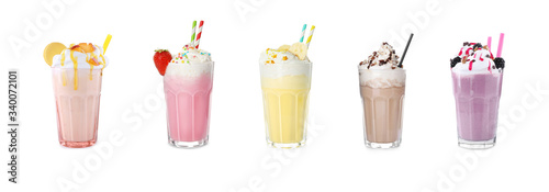Set of glasses with different protein shakes on white background. Banner design