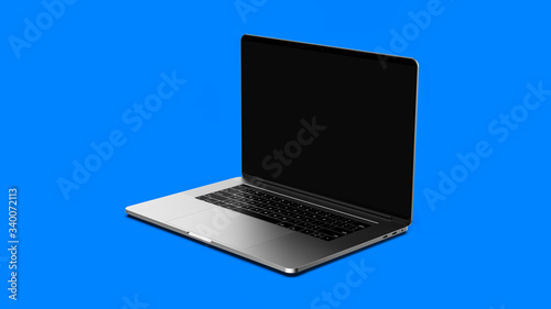 Laptop with blank screen isolated on blue background. Whole in focus. Template, mockup.
