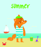 Fox in cartoon style on hot sunny summer day background.There's a crab and a bucket on the beach and a sailing boat on the sea. Colorful cartoon vector illustration. 