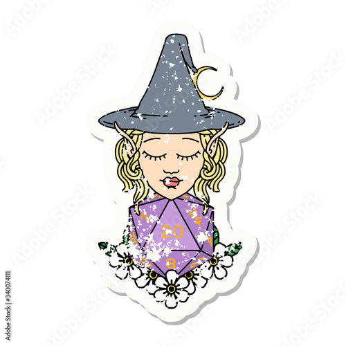 elf mage character with natural twenty dice roll grunge sticker