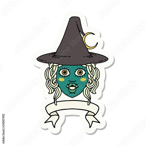 half orc witch character face with banner sticker