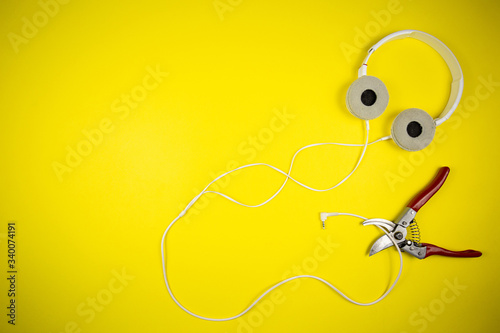 Garden cutters cut wire from headphones