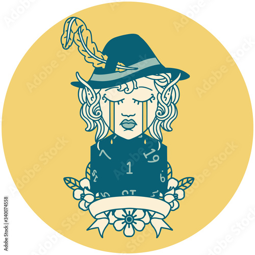 crying elf bard character with natural one D20 roll illustration