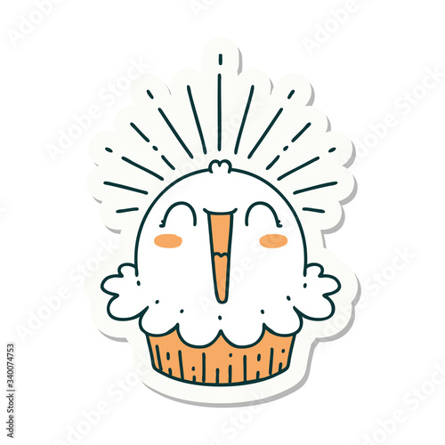 sticker of tattoo style happy singing cupcake