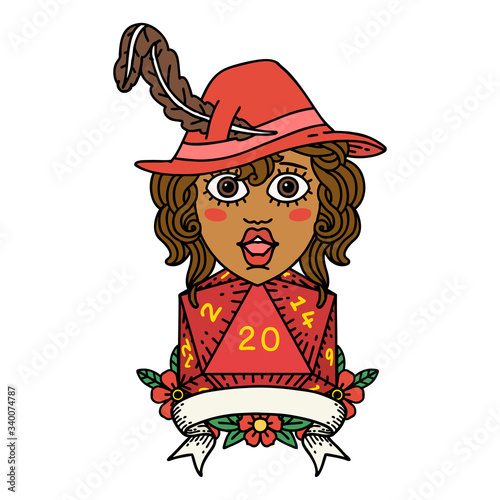 human bard character with natural 20 dice roll illustration