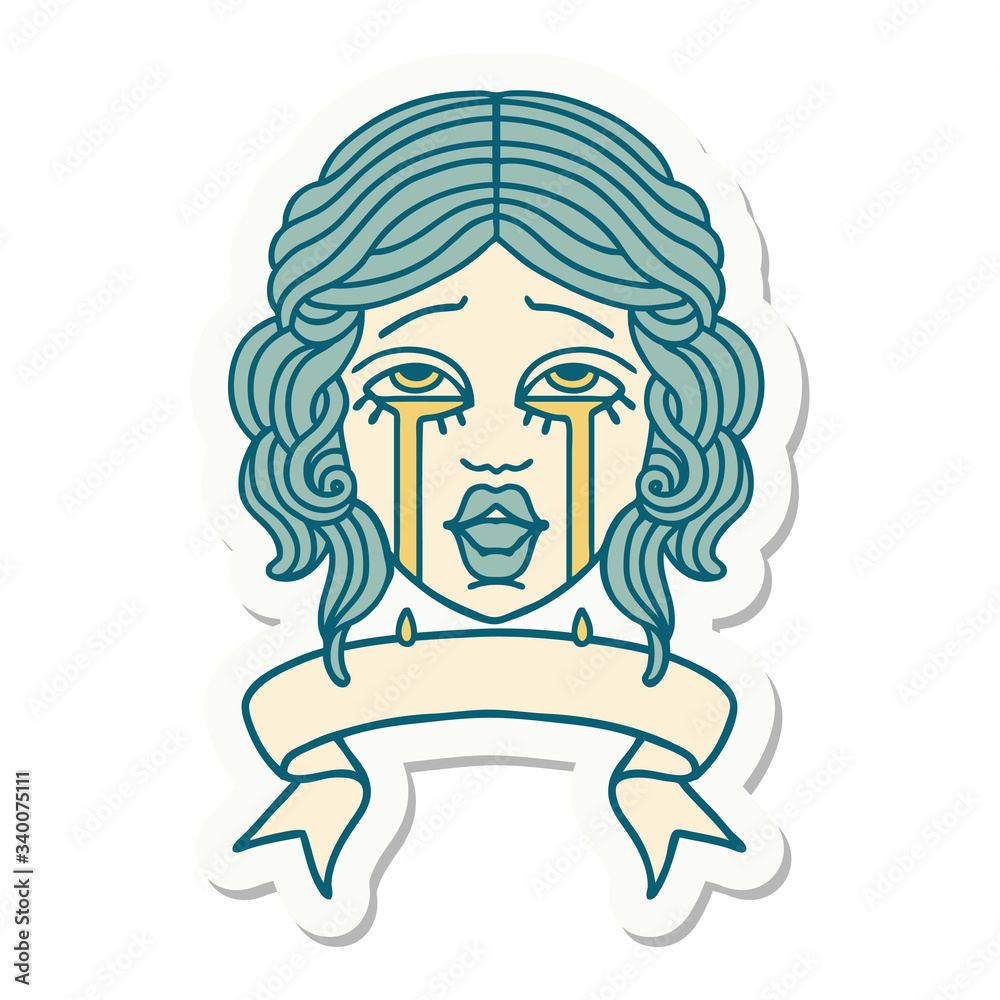 tattoo sticker with banner of a very happy crying female face tattoo sticker with banner of a very happy crying female face