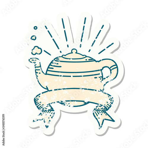 grunge sticker of tattoo style steaming teapot