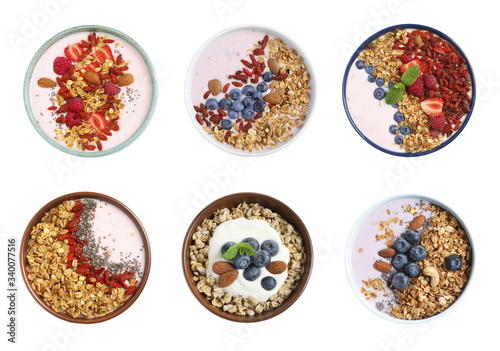 Set of different granola breakfasts with berries on white background, top view