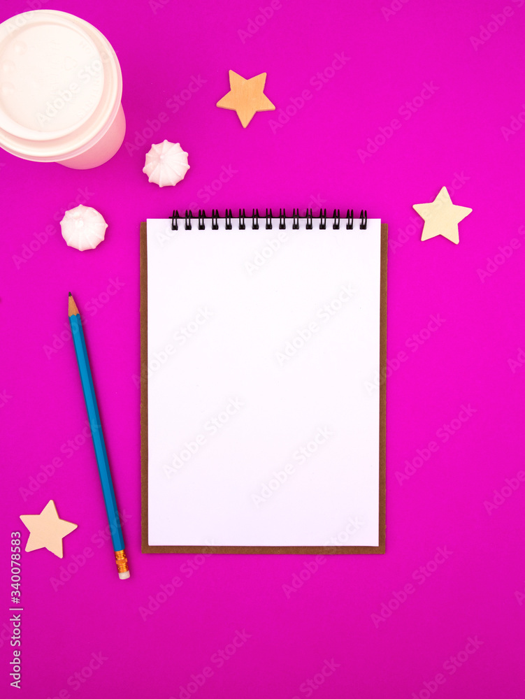 White notepad sheet on pink red background template