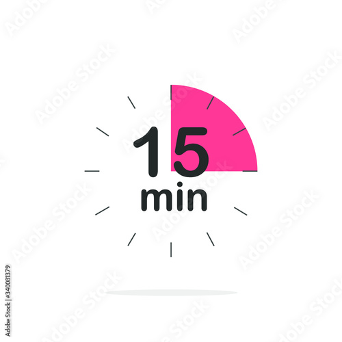 15 minutes timer. Stopwatch symbol in flat style. Isolated vector illustration.