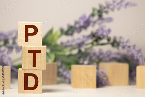 PTD Project To Date acronym on wooden cubes on dark wooden backround. Business concept. photo