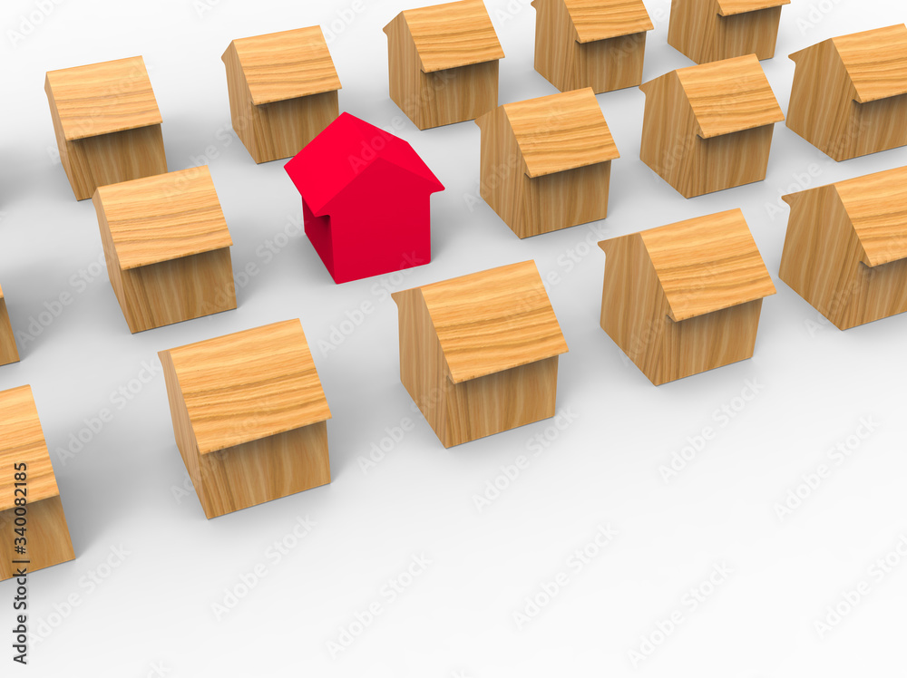 Red wooden house model stands out from other houses on white background. 3d render Red wooden house model stands out from other houses on white background. 3d render