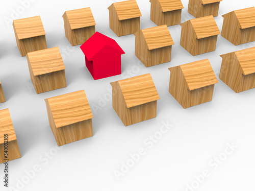 Red wooden house model stands out from other houses on white background. 3d render