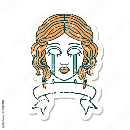 grunge sticker with banner of female face crying