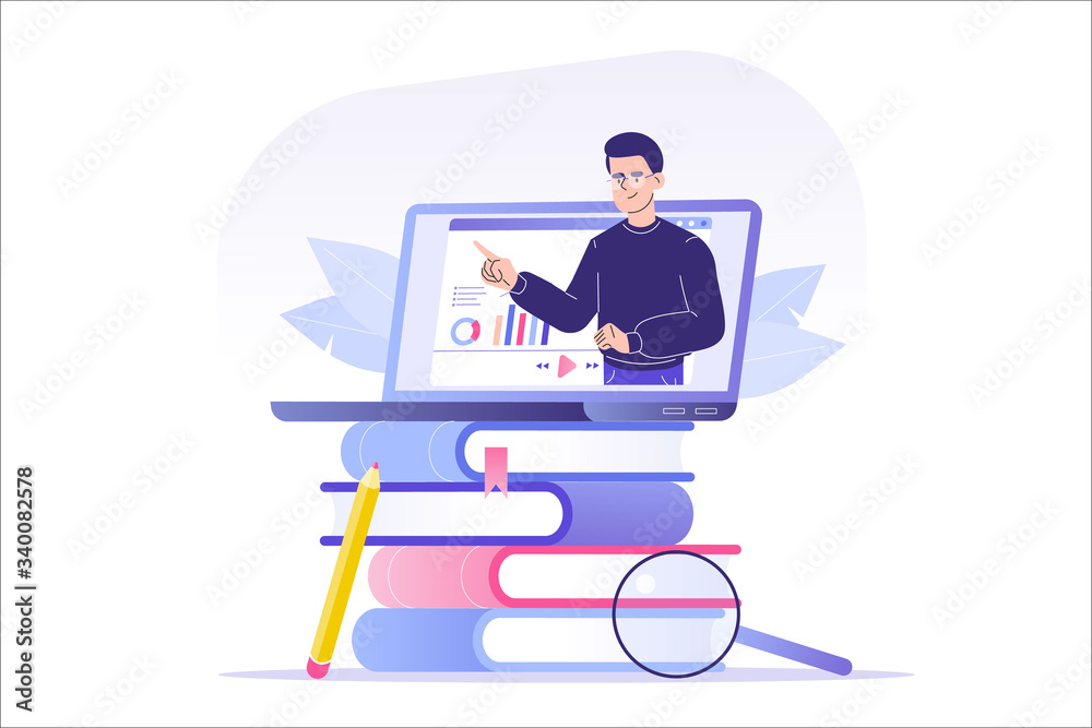 Online education or business training concept. Online man mentor on laptop with books. Distance education during coronavirus quarantine. Webinar or video seminar. E learning. Vector illustration Online education or business training concept. Online man mentor on laptop with books. Distance education during coronavirus quarantine. Webinar or video seminar. E learning. Vector illustration