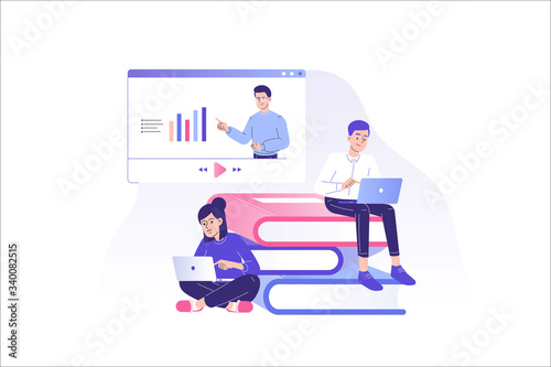 Online education or business training concept. People learning on laptop with pile of books. Distance education during coronavirus quarantine. Webinar or video seminar. E learning. Vector illustration