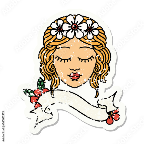 grunge sticker with banner of a maidens face
