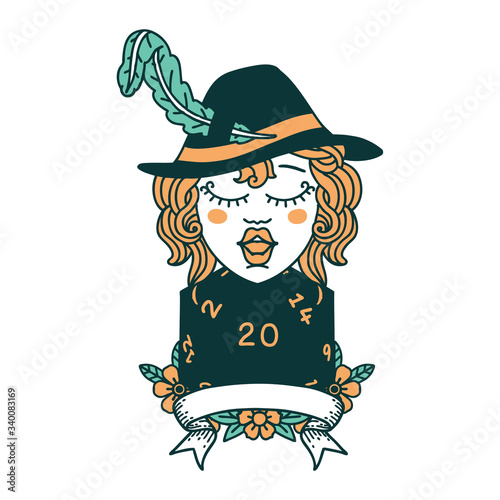 human bard character with natural 20 dice roll illustration