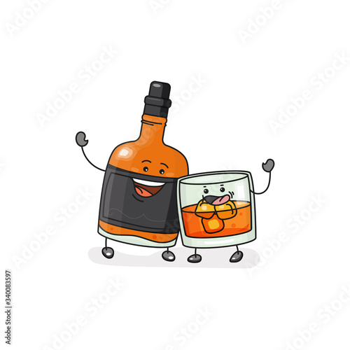 Whiskey glass with ice cubes, bottle. Vector flat cartoon color icon