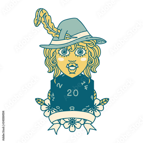 half orc bard with natural 20 dice roll illustration