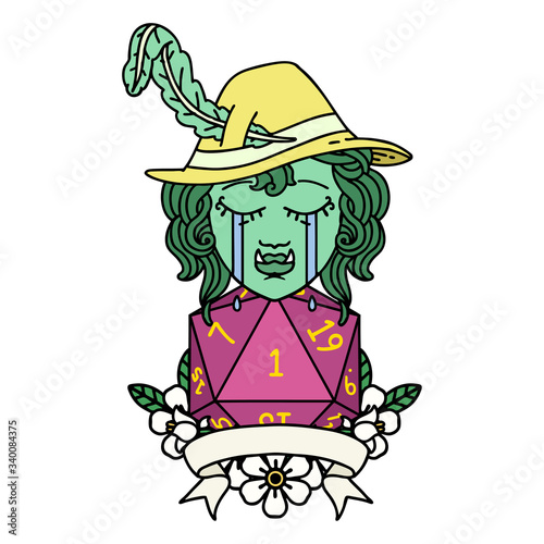 crying orc bard character with natural one D20 roll illustration