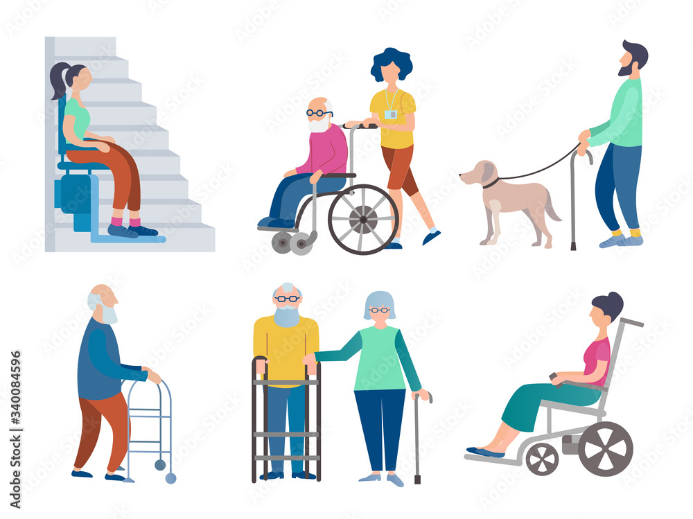 Set of vector illustrations of disabled people