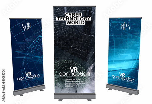 Roll-up banner design, abstract technology concept with 3D rendering background

