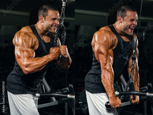 Body Builder Exercise Triceps at the Gym. Performing Triceps Rope Pushdowns. star and finish of the exercise movement