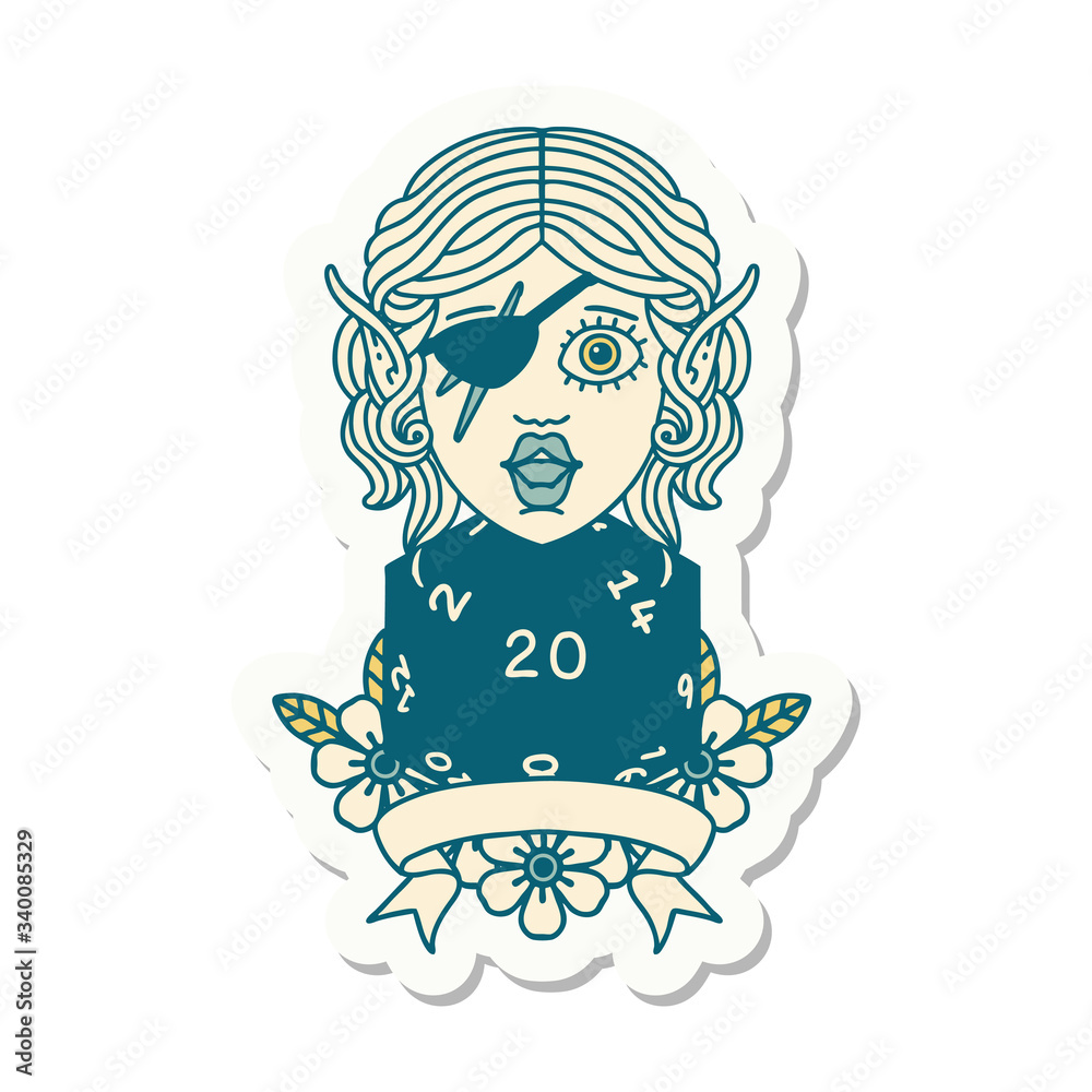 elf rogue character with natural twenty dice roll sticker elf rogue character with natural twenty dice roll sticker